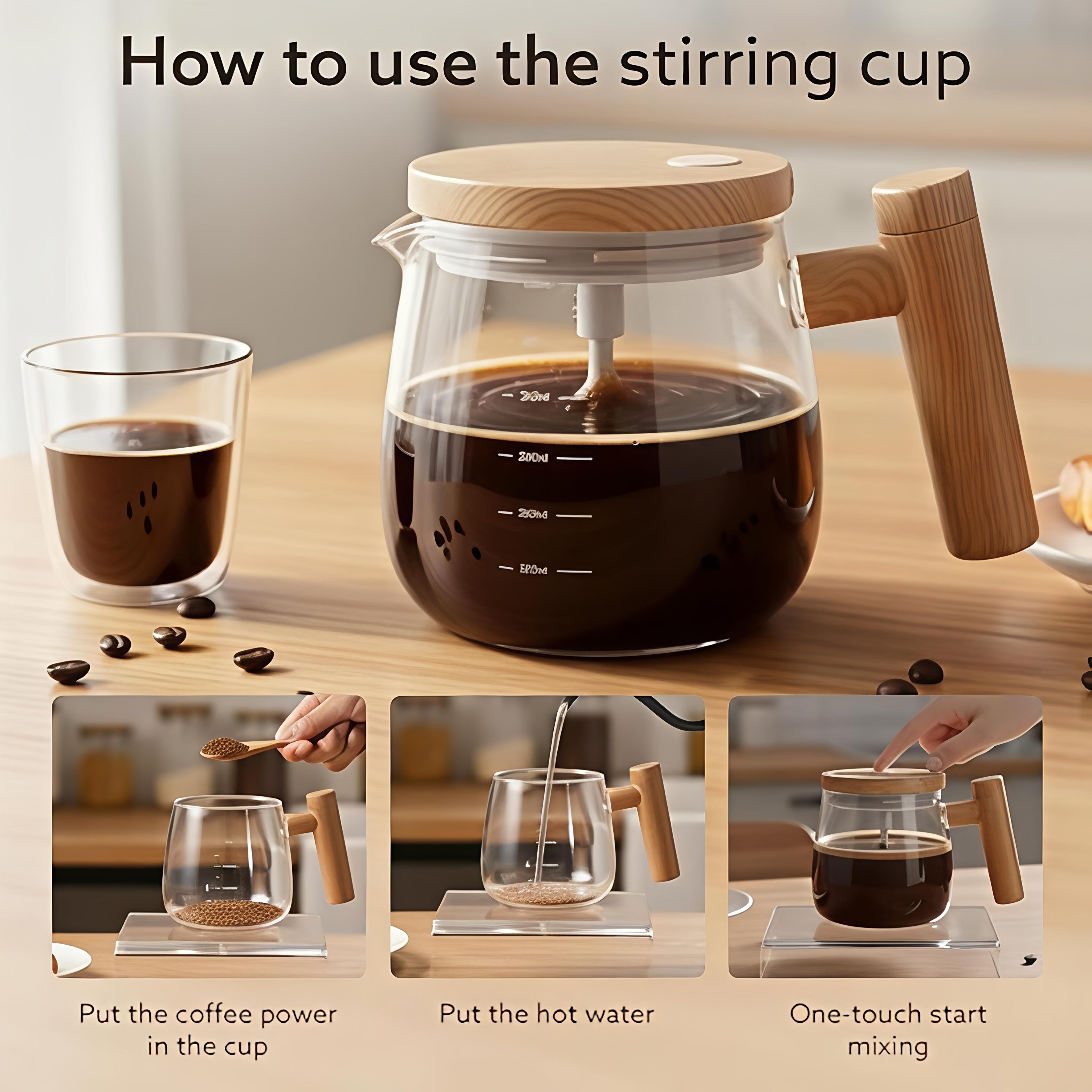 Electric Self-Stirring Glass Mug – 400ml Automatic Magnetic Mixing Cup with Wood-Grain Finish Handle & Lid – Battery Operated Protein Shaker and Coffee Mixer