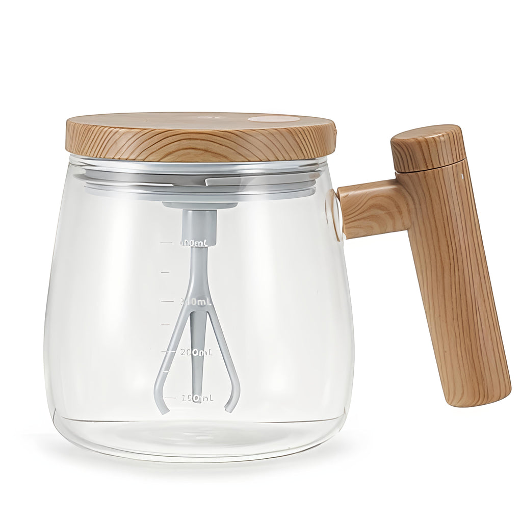 Electric Self-Stirring Glass Mug – 400ml Automatic Magnetic Mixing Cup with Wood-Grain Finish Handle & Lid – Battery Operated Protein Shaker and Coffee Mixer