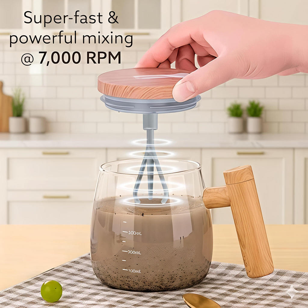 Electric Self-Stirring Glass Mug – 400ml Automatic Magnetic Mixing Cup with Wood-Grain Finish Handle & Lid – Battery Operated Protein Shaker and Coffee Mixer