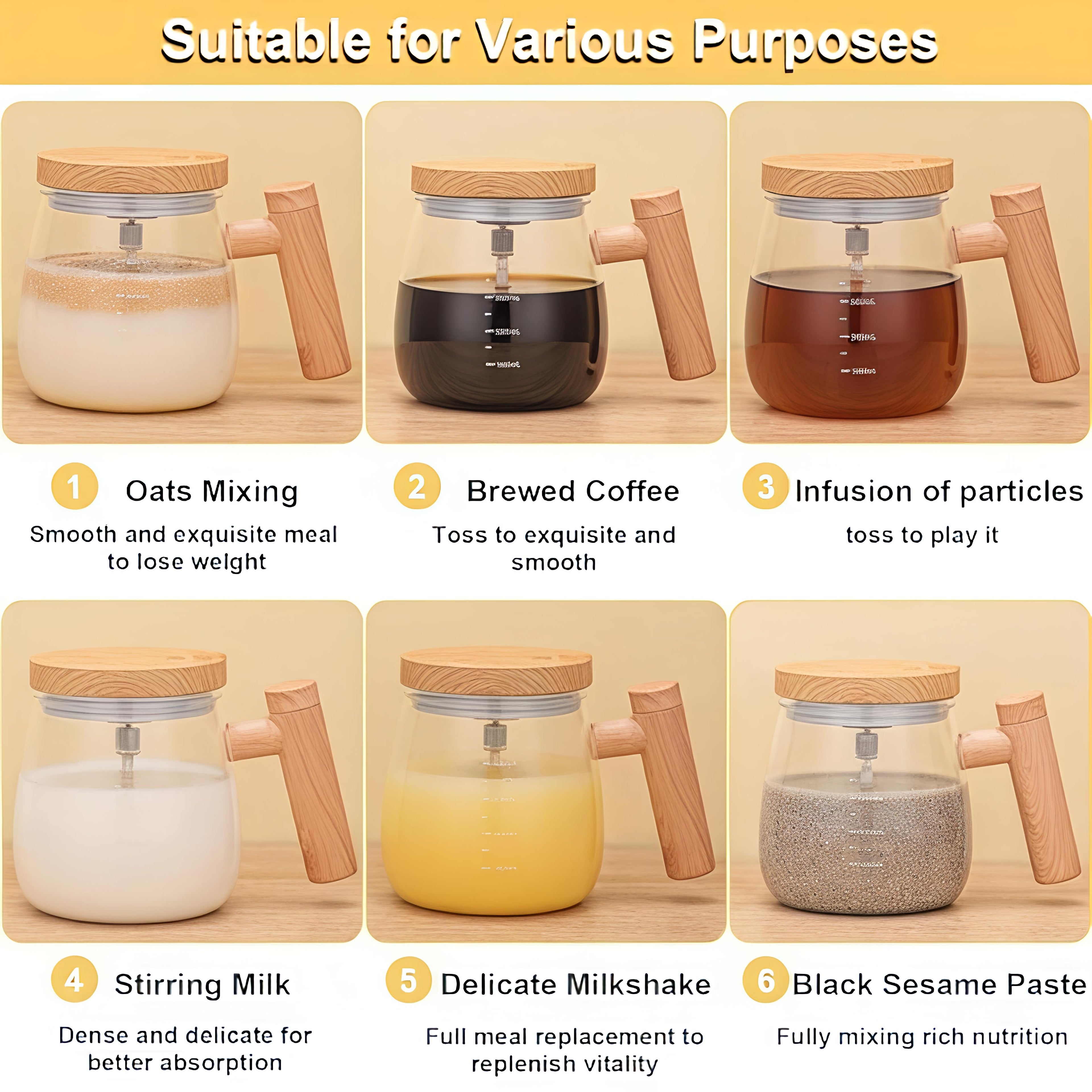 Electric Self-Stirring Glass Mug – 400ml Automatic Magnetic Mixing Cup with Wood-Grain Finish Handle & Lid – Battery Operated Protein Shaker and Coffee Mixer