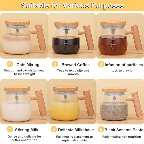 Electric Self-Stirring Glass Mug – 400ml Automatic Magnetic Mixing Cup with Wood-Grain Finish Handle & Lid – Battery Operated Protein Shaker and Coffee Mixer